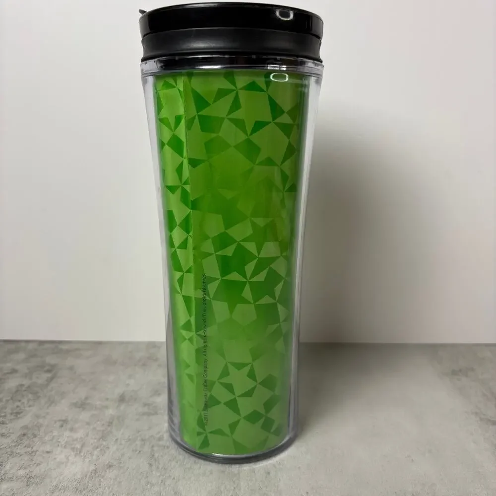 Starbucks 2011 Neon Green Geometric Mosaic Acrylic Travel Tumbler Mug 16oz